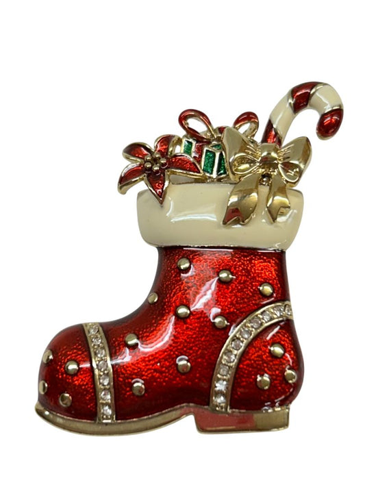 Signed Monet Christmas Stocking Brooch Goldtone Enameled 2"