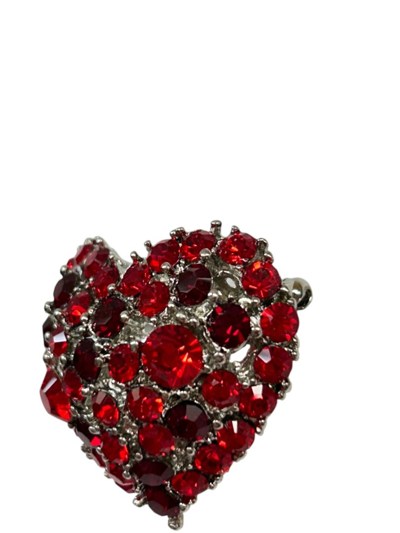 Sparkle Heart Brooch Pin Red Silvertone 1.25" Signed