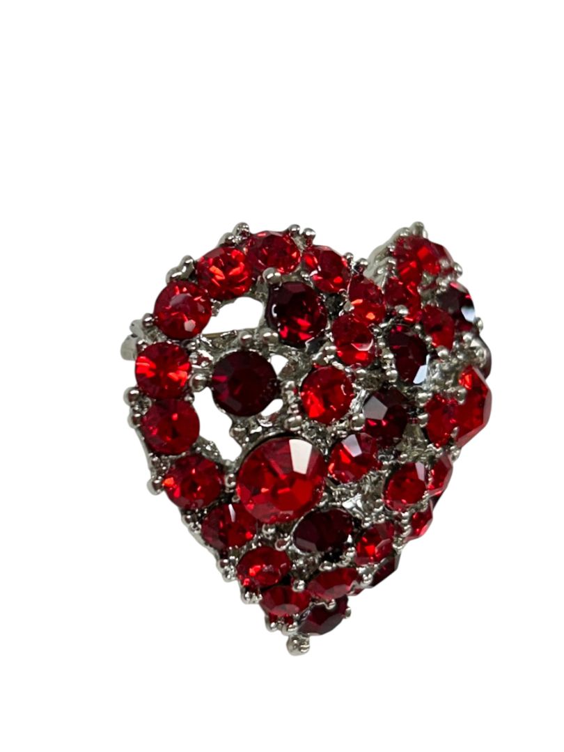 Sparkle Heart Brooch Pin Red Silvertone 1.25" Signed