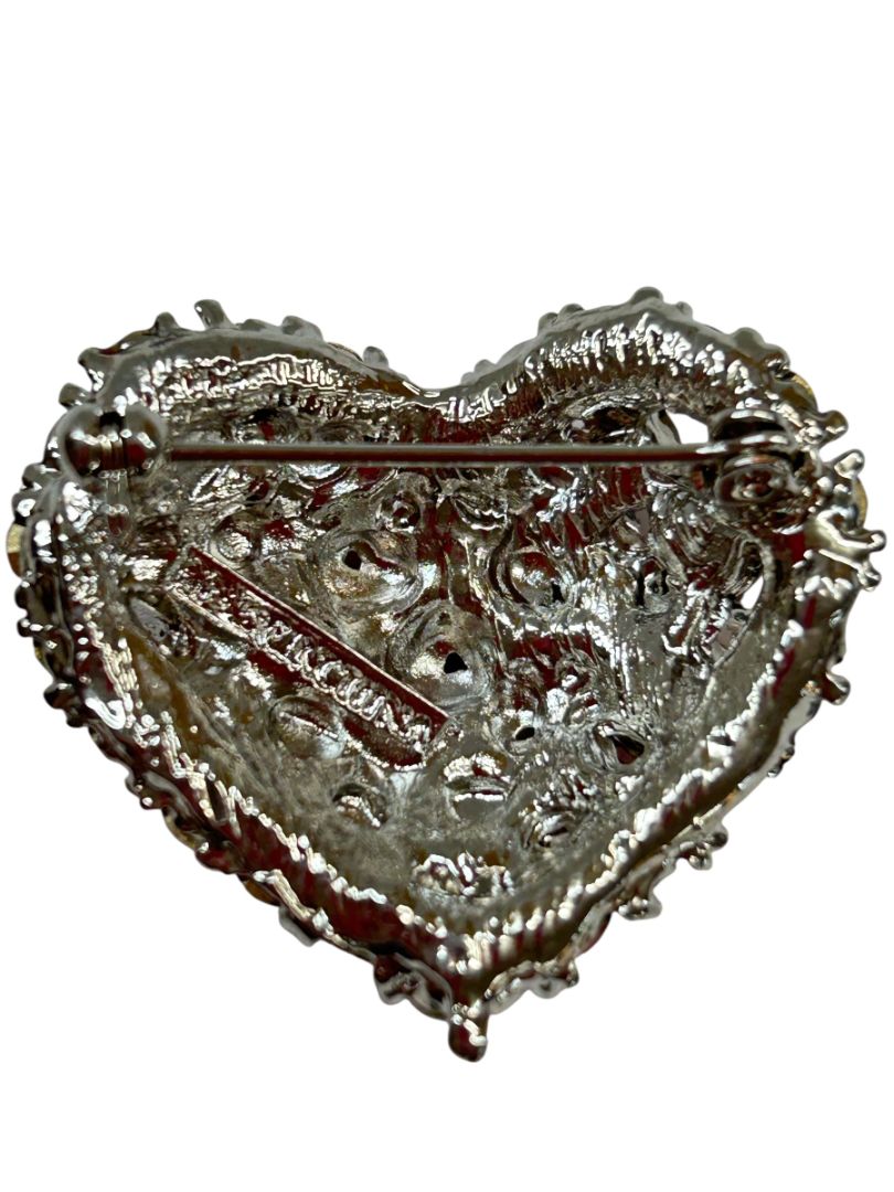 Sparkle Heart Brooch Pin Red Silvertone 1.25" Signed