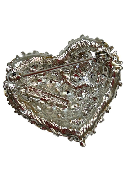 Sparkle Heart Brooch Pin Red Silvertone 1.25" Signed