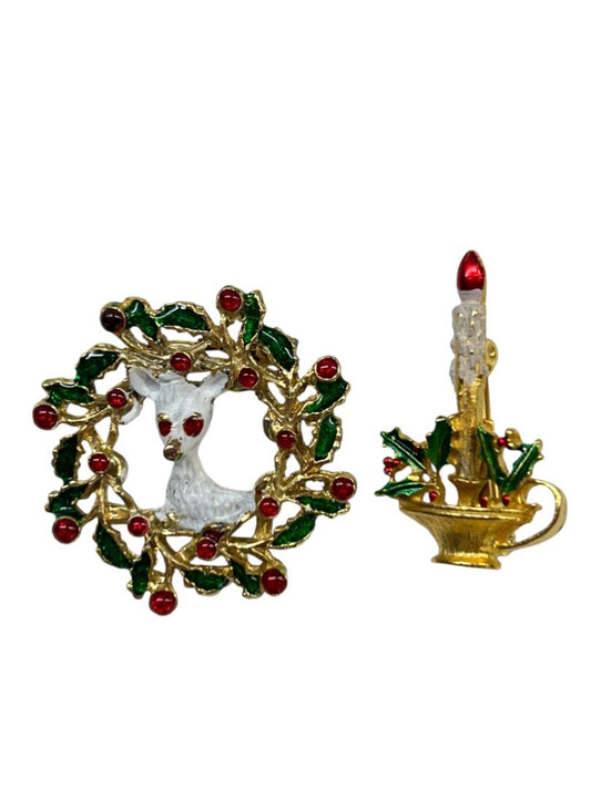 Set of 2 Christmas Brooch Pins 1.5" Wreath Candle Goldtone