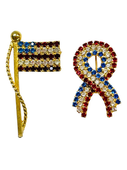 Set of 2 Red White Blue Rhinestone Brooch Pins Flag Ribbon 1.75" Goldtone