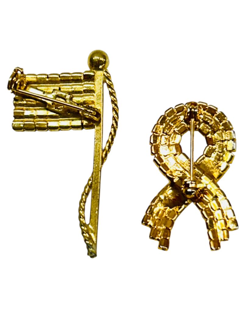Set of 2 Red White Blue Rhinestone Brooch Pins Flag Ribbon 1.75" Goldtone