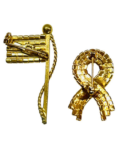 Set of 2 Red White Blue Rhinestone Brooch Pins Flag Ribbon 1.75" Goldtone