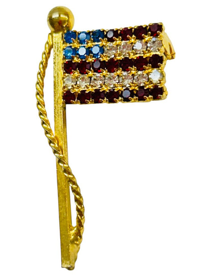 Set of 2 Red White Blue Rhinestone Brooch Pins Flag Ribbon 1.75" Goldtone