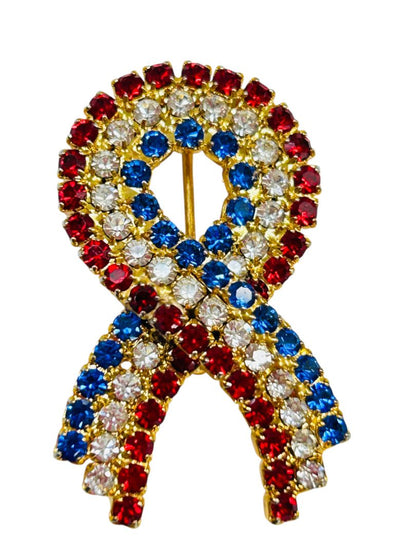 Set of 2 Red White Blue Rhinestone Brooch Pins Flag Ribbon 1.75" Goldtone