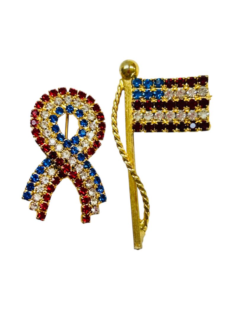 Set of 2 Red White Blue Rhinestone Brooch Pins Flag Ribbon 1.75" Goldtone