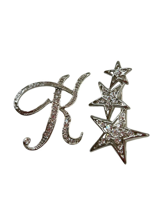 Vintage Silvertone Brooch Pins Initial "K" Stars Rhinestones 2"