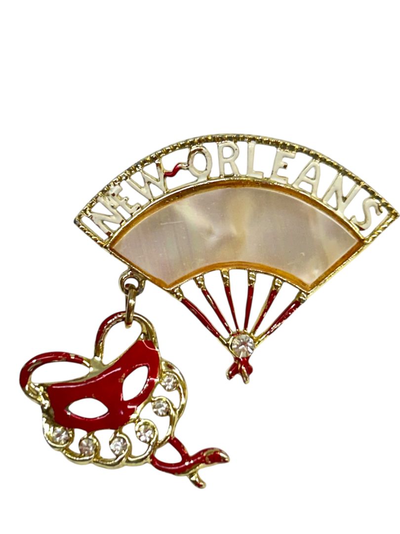 Vintage New Orleans Brooch Pin Fan Masquerade 2" Mother of Pearl Goldtone