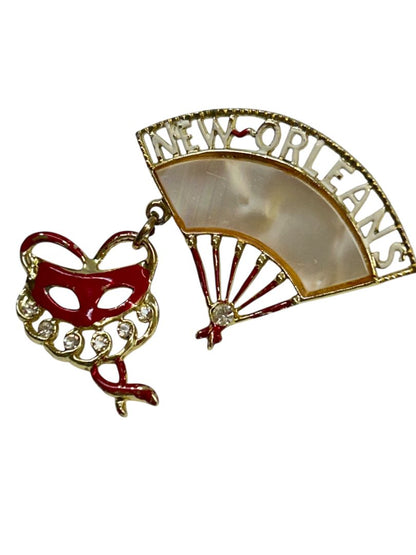 Vintage New Orleans Brooch Pin Fan Masquerade 2" Mother of Pearl Goldtone
