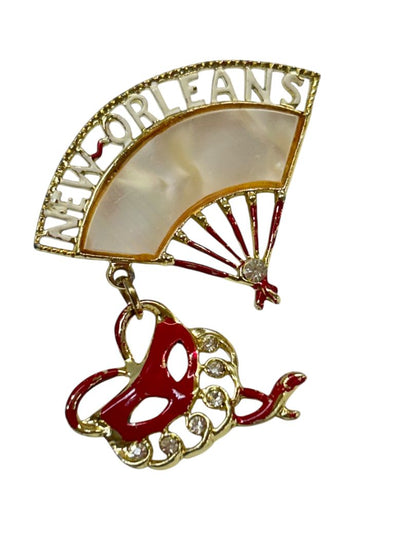 Vintage New Orleans Brooch Pin Fan Masquerade 2" Mother of Pearl Goldtone