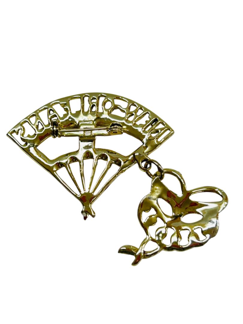 Vintage New Orleans Brooch Pin Fan Masquerade 2" Mother of Pearl Goldtone