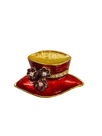 Red Hat Brooch Pin Enameled Purple Floral Goldtone 1.5"
