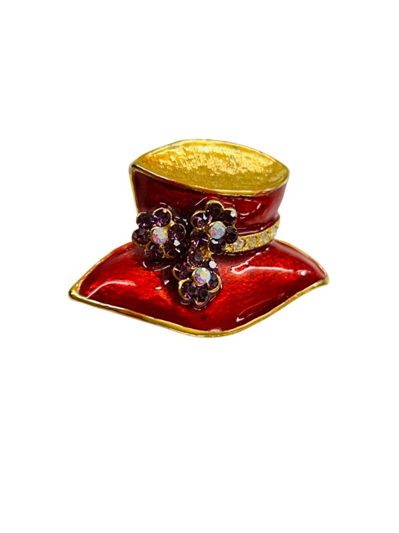 Red Hat Brooch Pin Enameled Purple Floral Goldtone 1.5"