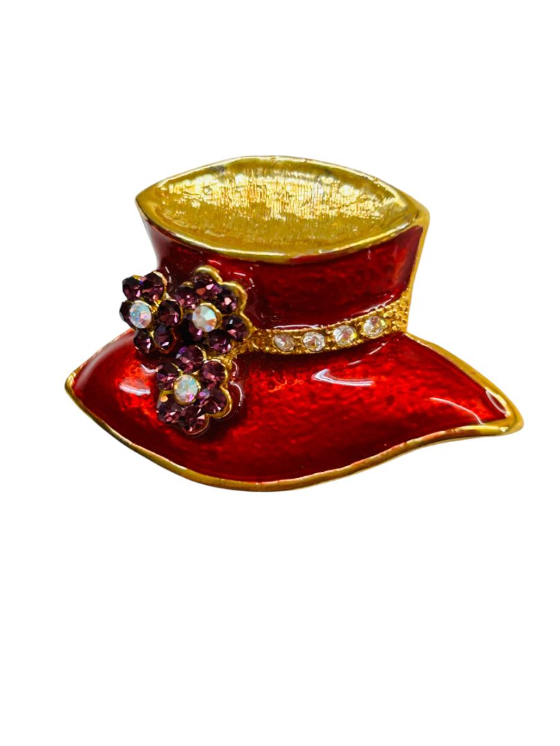 Red Hat Brooch Pin Enameled Purple Floral Goldtone 1.5"