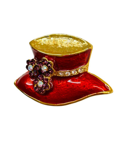 Red Hat Brooch Pin Enameled Purple Floral Goldtone 1.5"