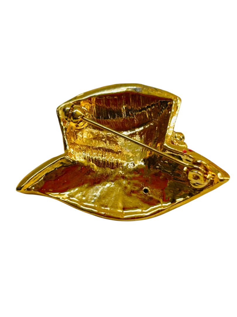 Red Hat Brooch Pin Enameled Purple Floral Goldtone 1.5"