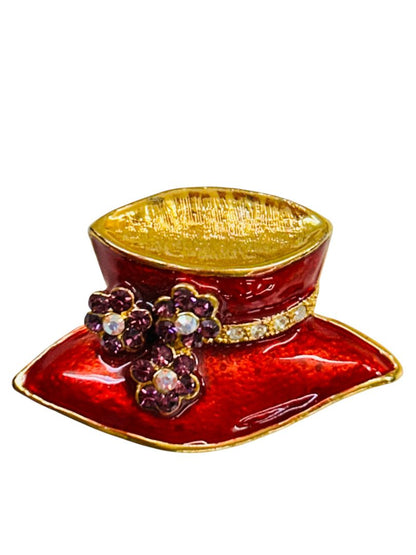 Red Hat Brooch Pin Enameled Purple Floral Goldtone 1.5"