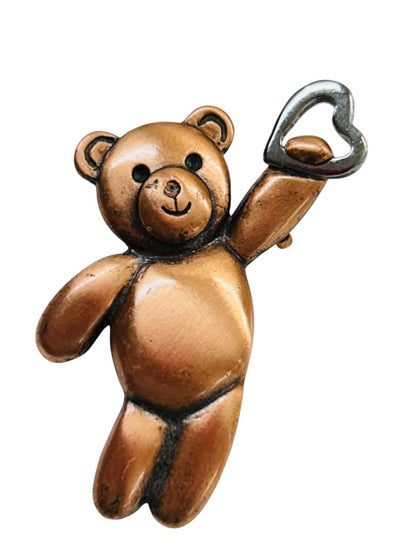 Copper Color Teddy Bear Brooch Pin Silvertone Heart 1.75"