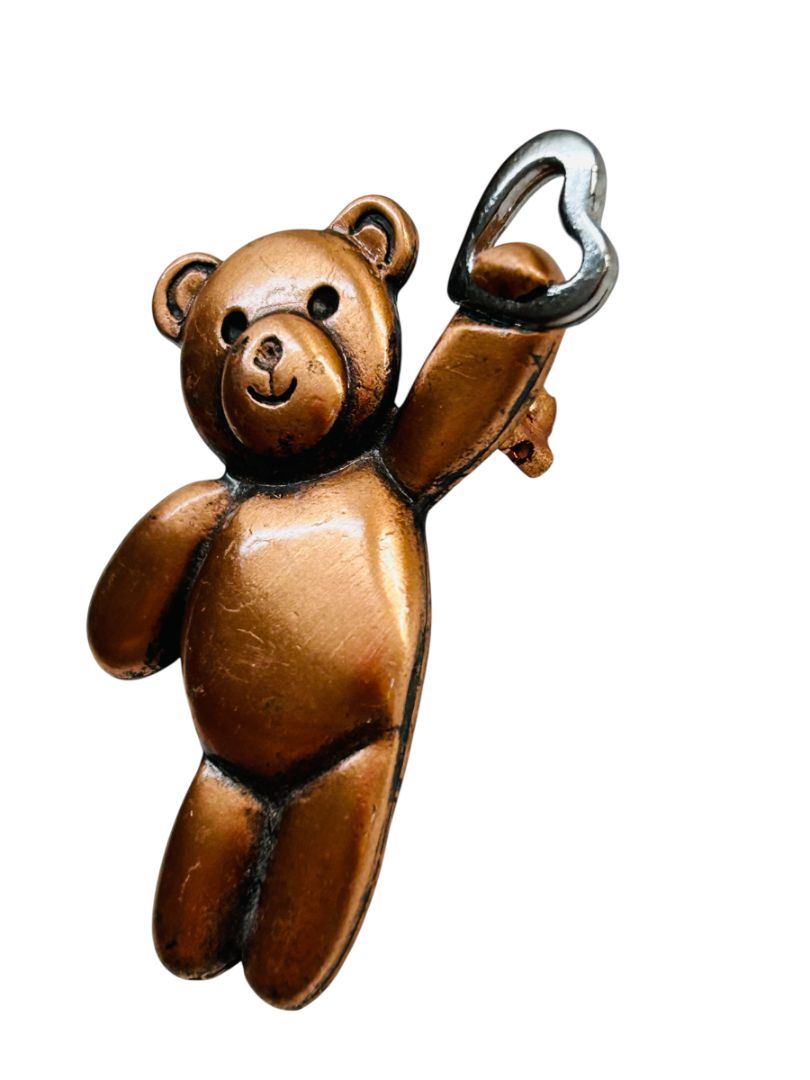 Copper Color Teddy Bear Brooch Pin Silvertone Heart 1.75"