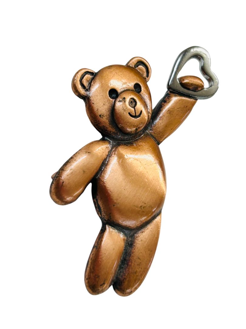 Copper Color Teddy Bear Brooch Pin Silvertone Heart 1.75"