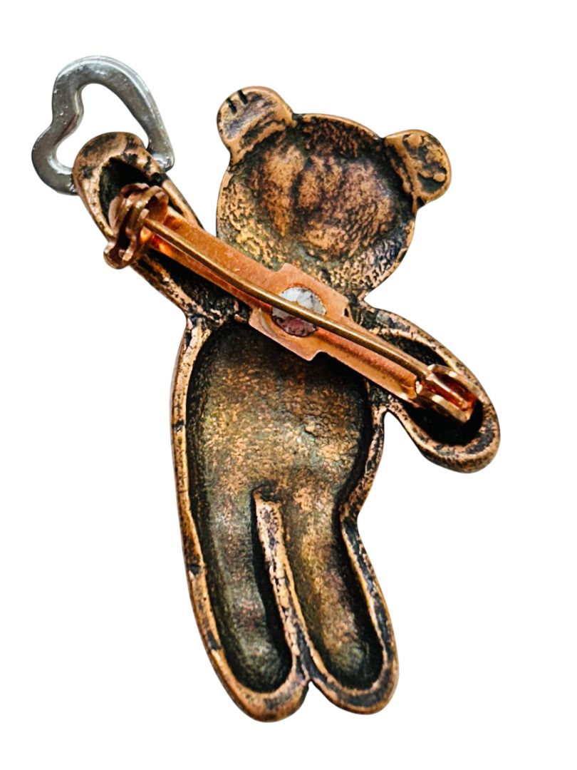 Copper Color Teddy Bear Brooch Pin Silvertone Heart 1.75"