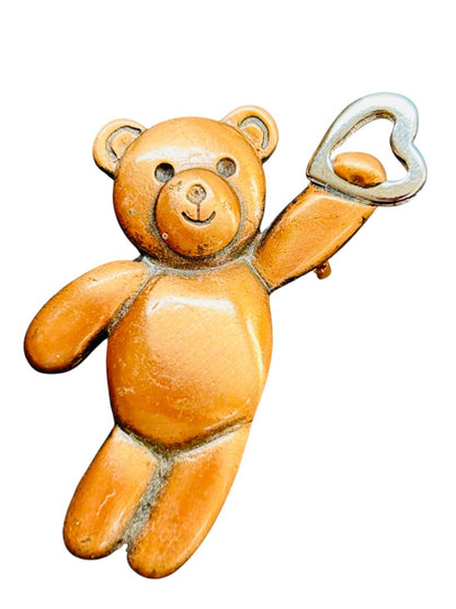 Copper Color Teddy Bear Brooch Pin Silvertone Heart 1.75"