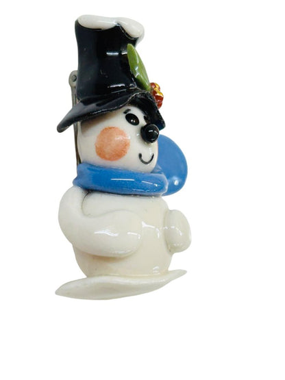 Ceramic Brooch Pin Snowman Winter Dimensional 1.6"