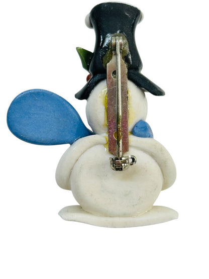 Ceramic Brooch Pin Snowman Winter Dimensional 1.6"