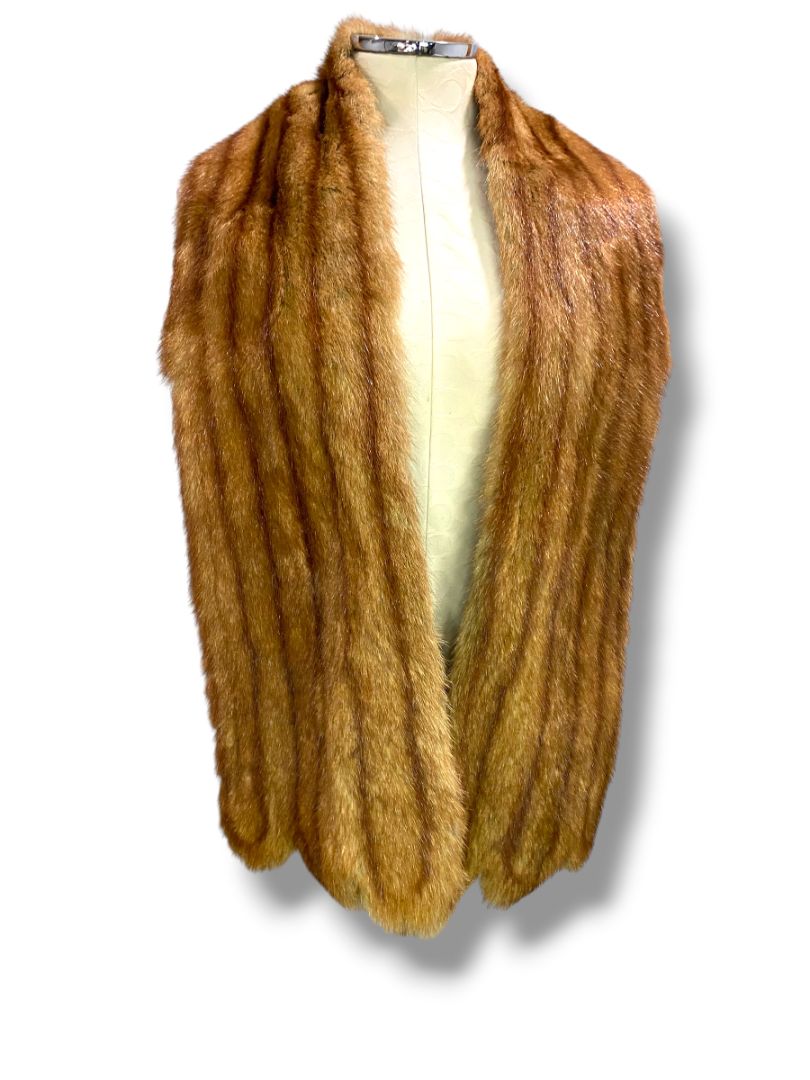 Vintage Genuine Mink Pelt Scarf Stole 62" Brown Stripes Hook Closure