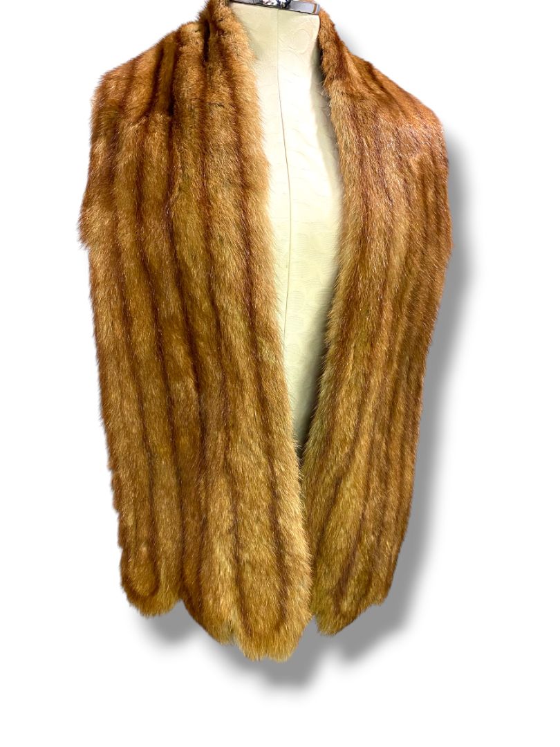 Vintage Genuine Mink Pelt Scarf Stole 62" Brown Stripes Hook Closure