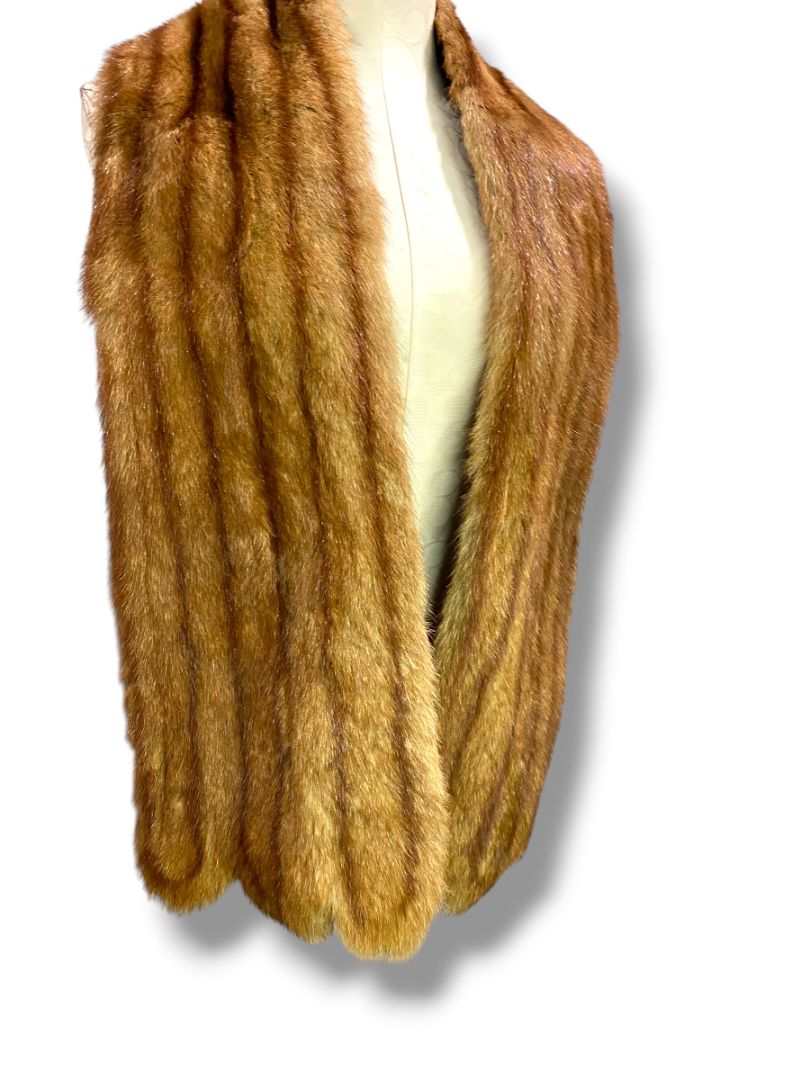 Vintage Genuine Mink Pelt Scarf Stole 62" Brown Stripes Hook Closure