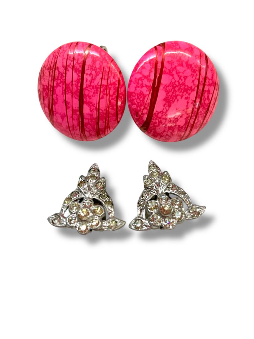 2 Pair Vintage Clip On Earrings Non-Pierced Pink Dots Silvertone Rhinestone