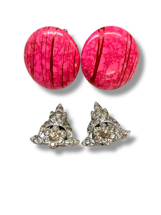 2 Pair Vintage Clip On Earrings Non-Pierced Pink Dots Silvertone Rhinestone