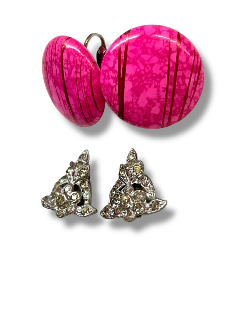 2 Pair Vintage Clip On Earrings Non-Pierced Pink Dots Silvertone Rhinestone