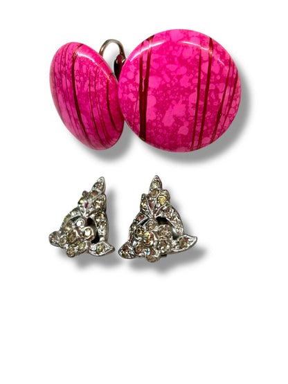 2 Pair Vintage Clip On Earrings Non-Pierced Pink Dots Silvertone Rhinestone
