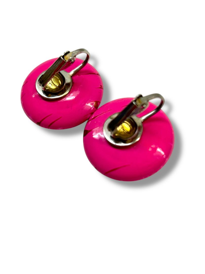 2 Pair Vintage Clip On Earrings Non-Pierced Pink Dots Silvertone Rhinestone