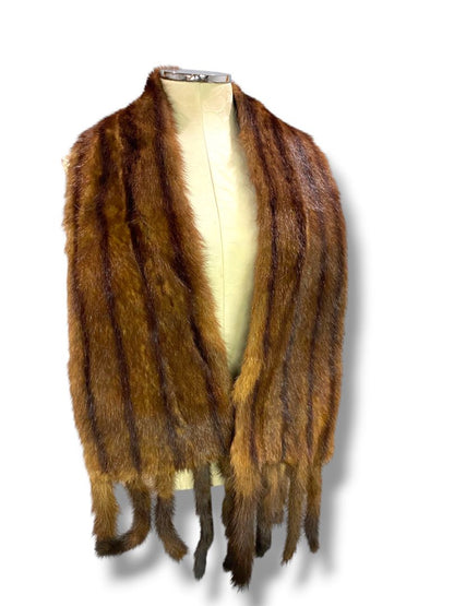 Vintage Genuine Mink Pelt Scarf Stole Tail Fringe 66" Brown Stripes