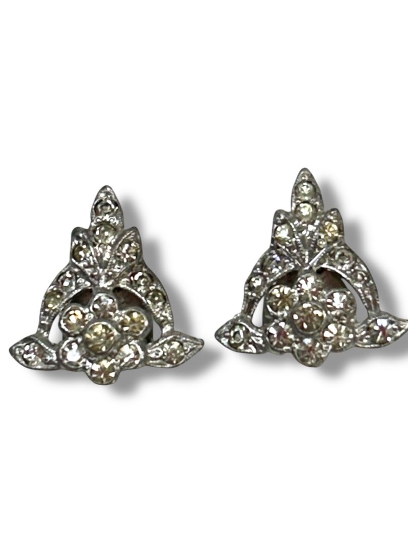 2 Pair Vintage Clip On Earrings Non-Pierced Pink Dots Silvertone Rhinestone