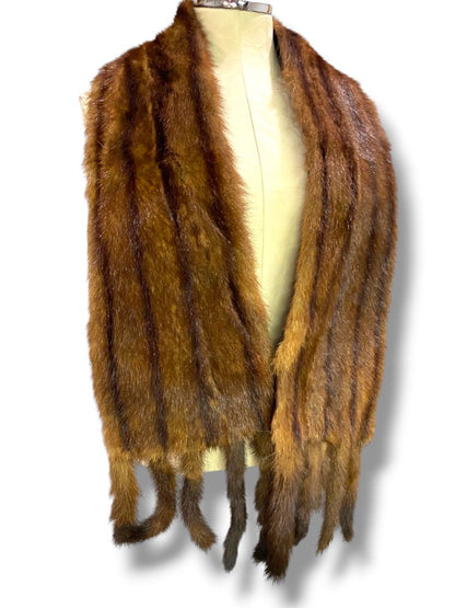 Vintage Genuine Mink Pelt Scarf Stole Tail Fringe 66" Brown Stripes