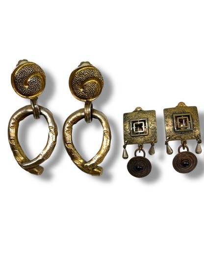 2 Pair Clip On Earrings Non-Pierced Vintage Goldtone Drop Dangle