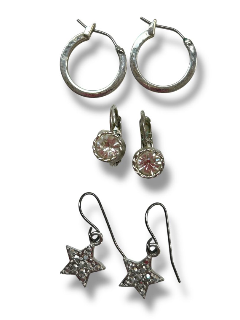 3 Pair Silvertone Pierced Earrings Rhinestone Hoop Dangle Stars