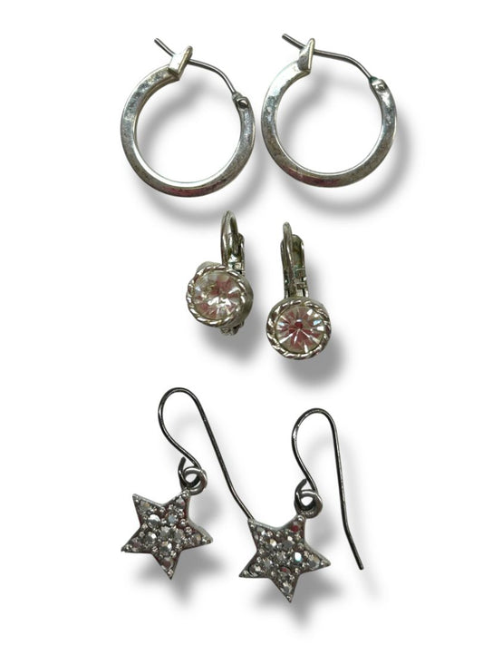 3 Pair Silvertone Pierced Earrings Rhinestone Hoop Dangle Stars