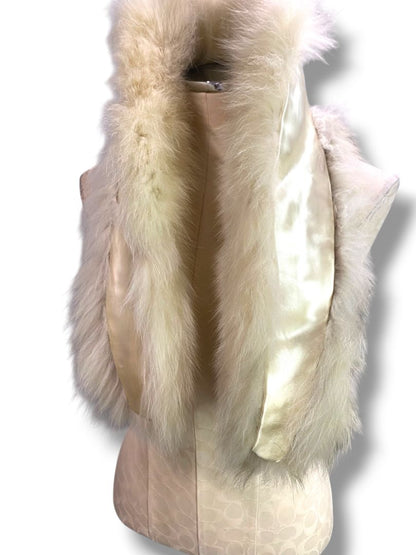 Vintage White Fox Fur Collar Scarf Stole 38" Bridal Satin Back