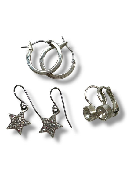 3 Pair Silvertone Pierced Earrings Rhinestone Hoop Dangle Stars