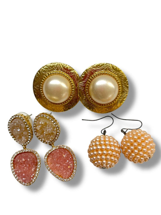 3 Pair Pierced Earrings Goldtone Pink Faux Pearl Costume Jewelry