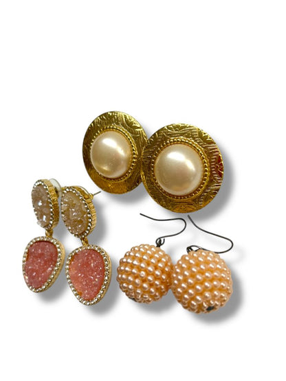 3 Pair Pierced Earrings Goldtone Pink Faux Pearl Costume Jewelry