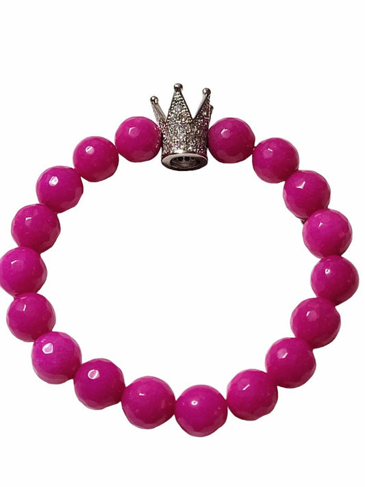 Pink Stone Princess Stretch Bracelet Silver Tone Rhinestone Crown Girls