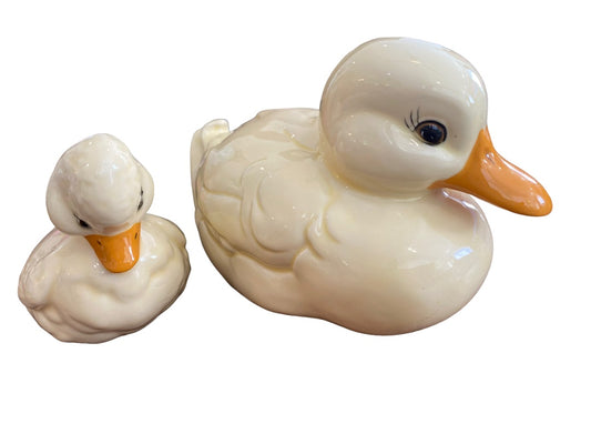 Vintage Handpainted Ceramic Ducks Mom Baby Set of Two